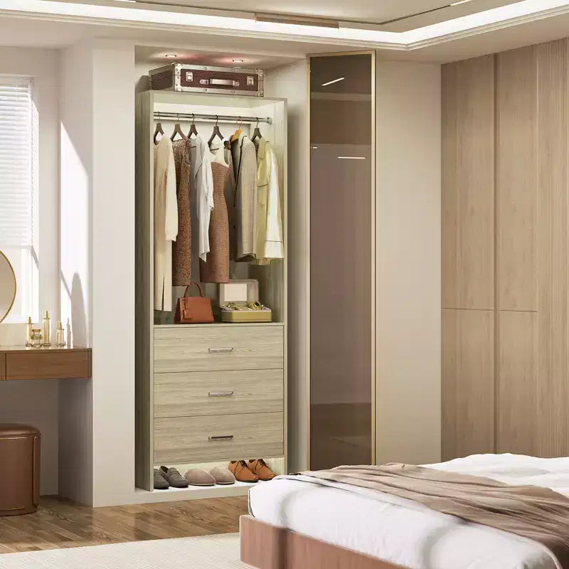 Système d'organisation de placard Besiost avec tiroirs en bois, armoire autoportante avec tringle à vêtements