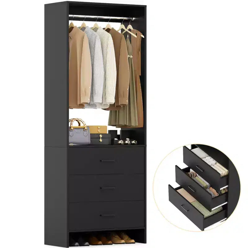 Système d'organisation de placard Besiost avec tiroirs en bois, armoire autoportante avec tringle à vêtements
