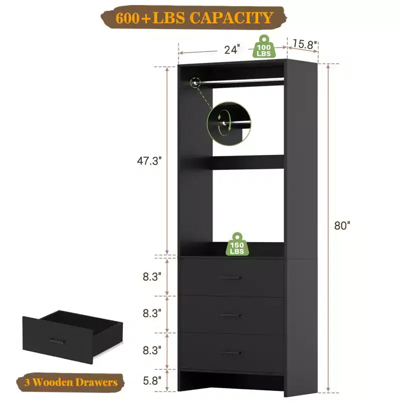 Système d'organisation de placard Besiost avec tiroirs en bois, armoire autoportante avec tringle à vêtements