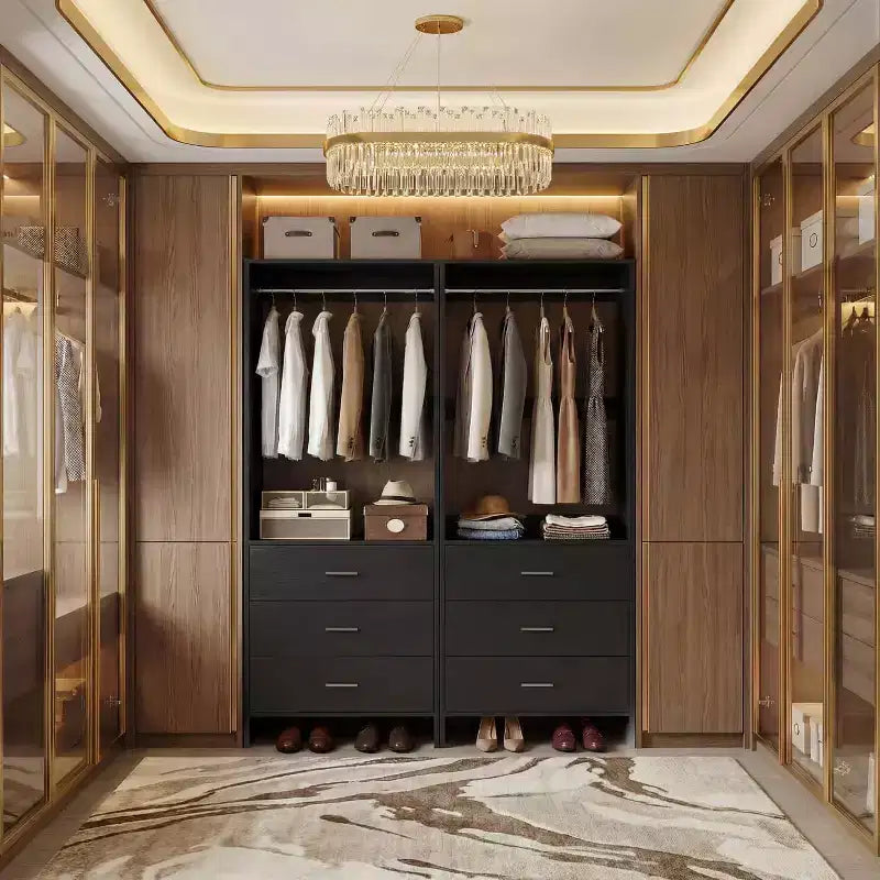 Système d'organisation de placard Besiost avec tiroirs en bois, armoire autoportante avec tringle à vêtements