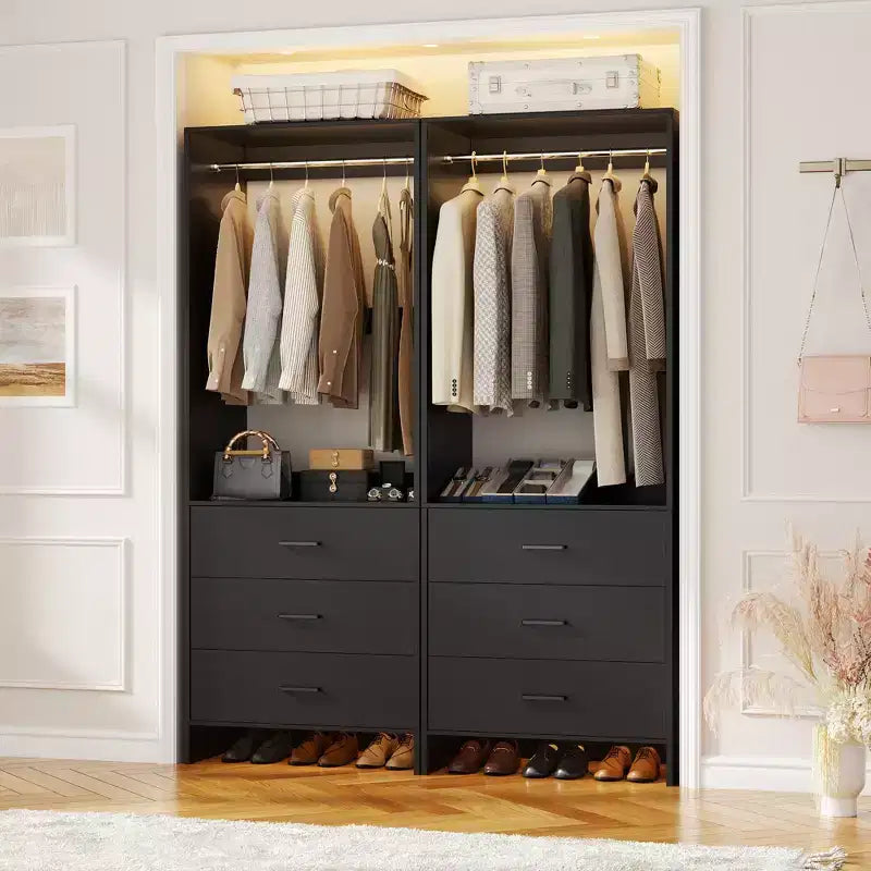 Système d'organisation de placard Besiost avec tiroirs en bois, armoire autoportante avec tringle à vêtements