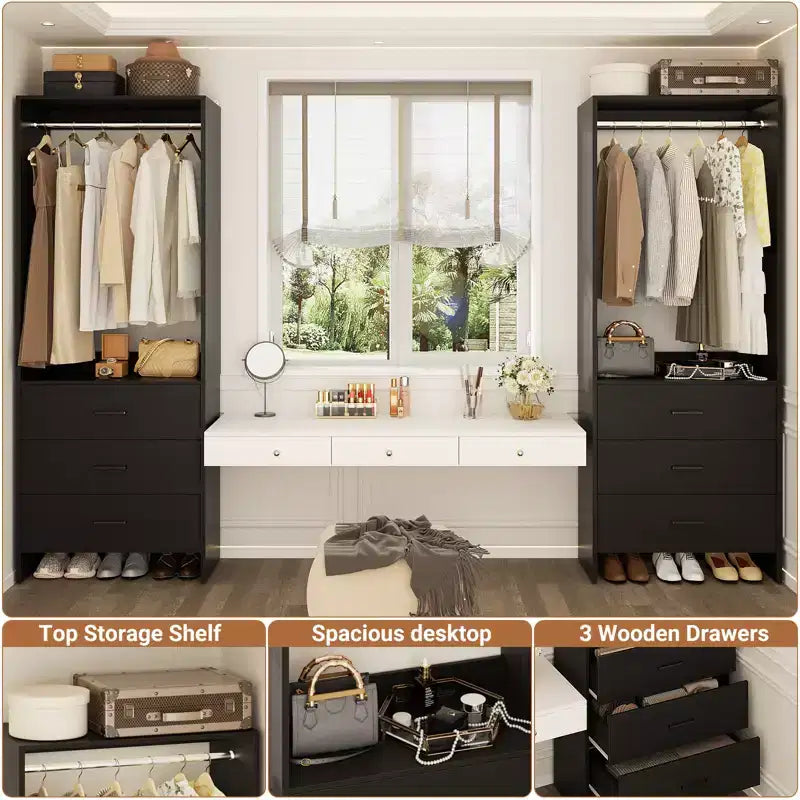 Système d'organisation de placard Besiost avec tiroirs en bois, armoire autoportante avec tringle à vêtements