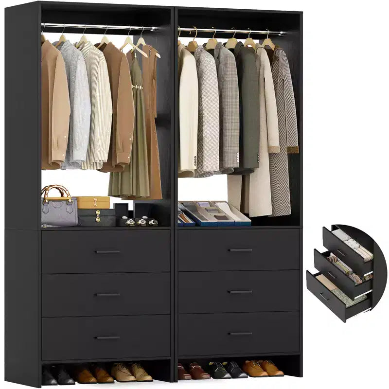Système d'organisation de placard Besiost avec tiroirs en bois, armoire autoportante avec tringle à vêtements