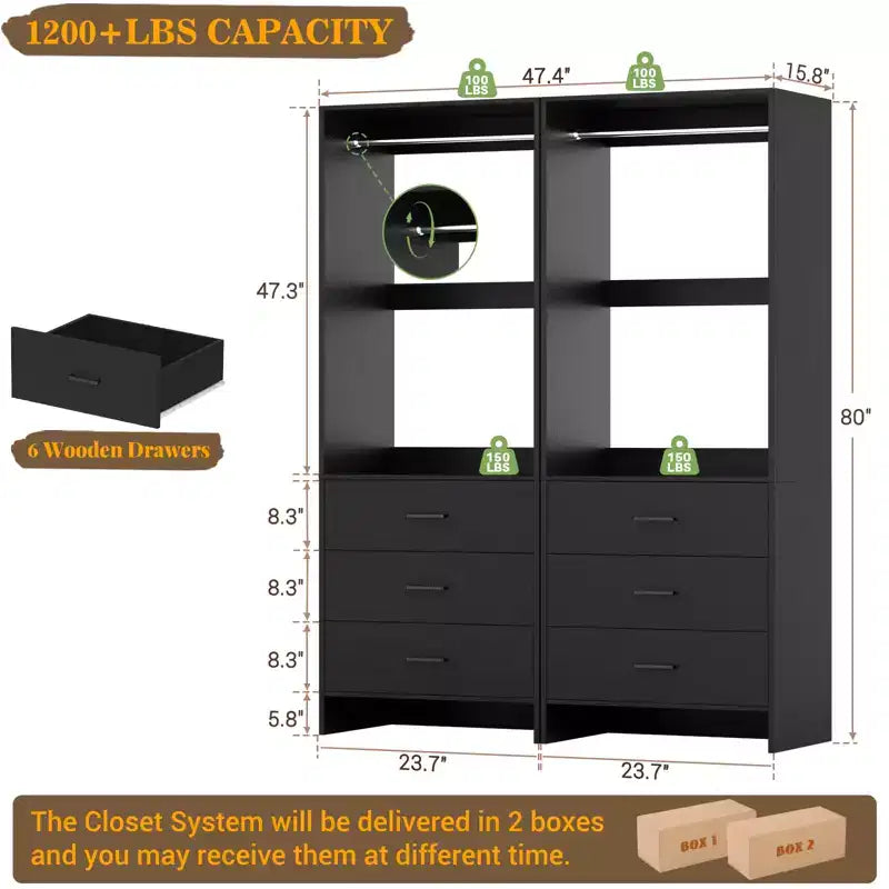 Système d'organisation de placard Besiost avec tiroirs en bois, armoire autoportante avec tringle à vêtements