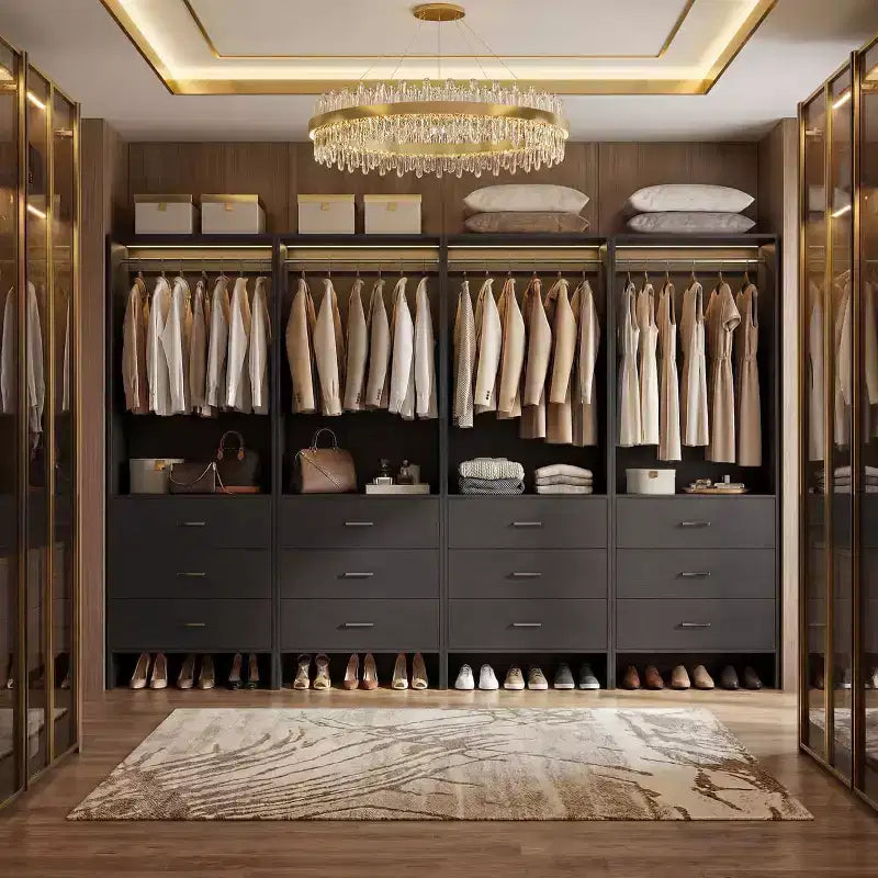 Système d'organisation de placard Besiost avec tiroirs en bois, armoire autoportante avec tringle à vêtements