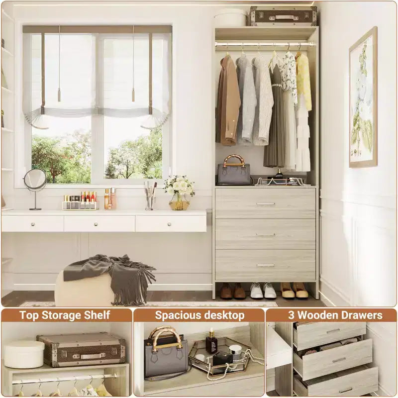 Système d'organisation de placard Besiost avec tiroirs en bois, armoire autoportante avec tringle à vêtements