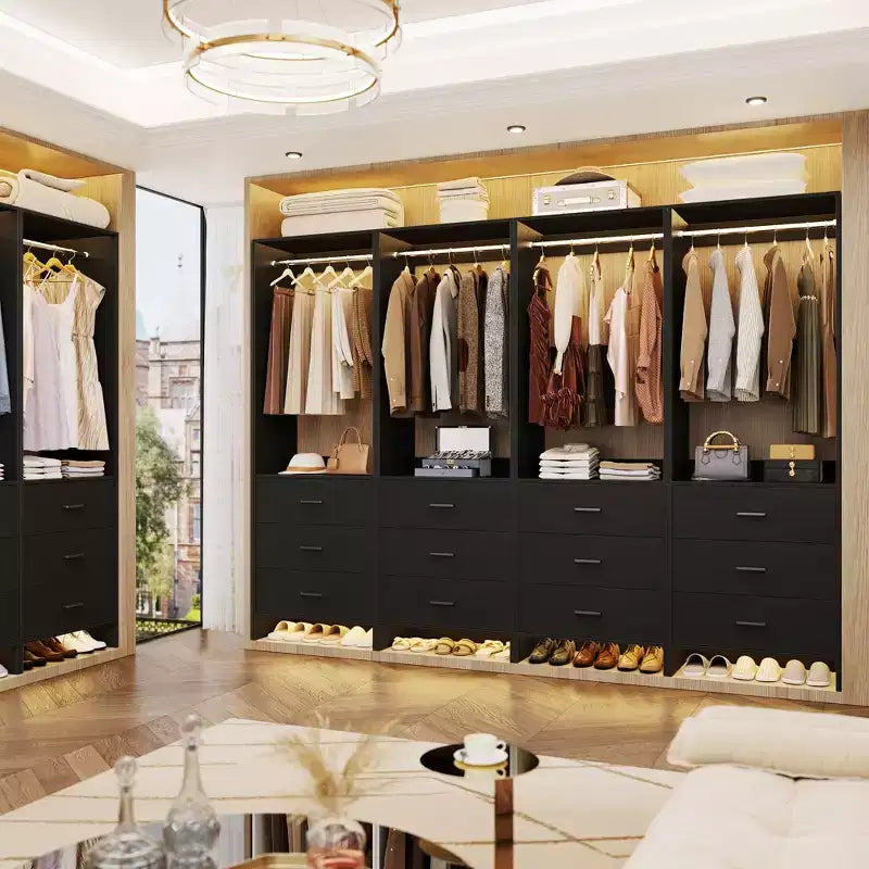 Système d'organisation de placard Besiost avec tiroirs en bois, armoire autoportante avec tringle à vêtements