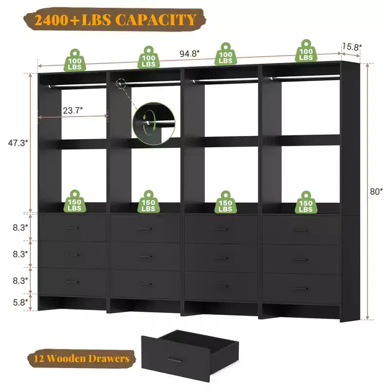 Système d'organisation de placard Besiost avec tiroirs en bois, armoire autoportante avec tringle à vêtements