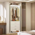 Système d'organisation de placard Besiost avec tiroirs en bois, armoire autoportante avec tringle à vêtements