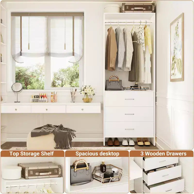 Système d'organisation de placard Besiost avec tiroirs en bois, armoire autoportante avec tringle à vêtements