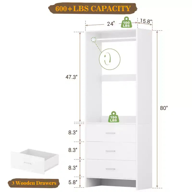 Système d'organisation de placard Besiost avec tiroirs en bois, armoire autoportante avec tringle à vêtements