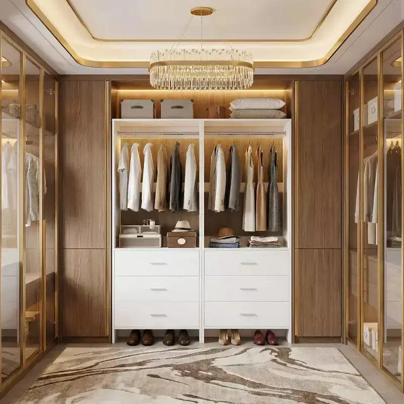 Système d'organisation de placard Besiost avec tiroirs en bois, armoire autoportante avec tringle à vêtements