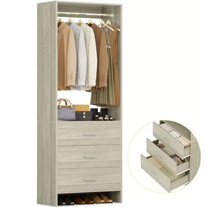 Système d'organisation de placard Besiost avec tiroirs en bois, armoire autoportante avec tringle à vêtements