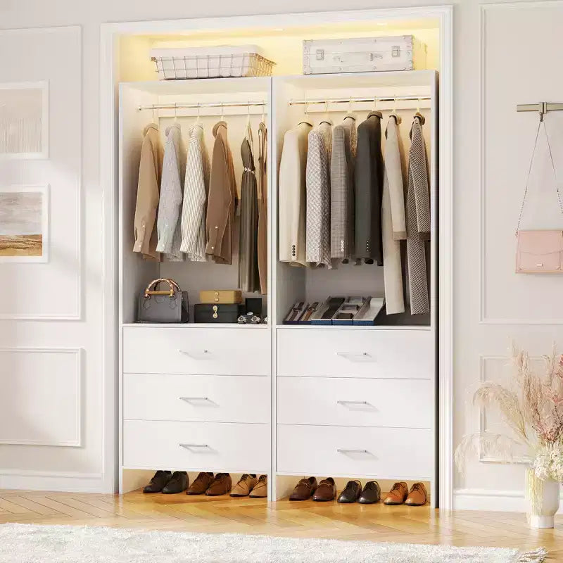 Système d'organisation de placard Besiost avec tiroirs en bois, armoire autoportante avec tringle à vêtements