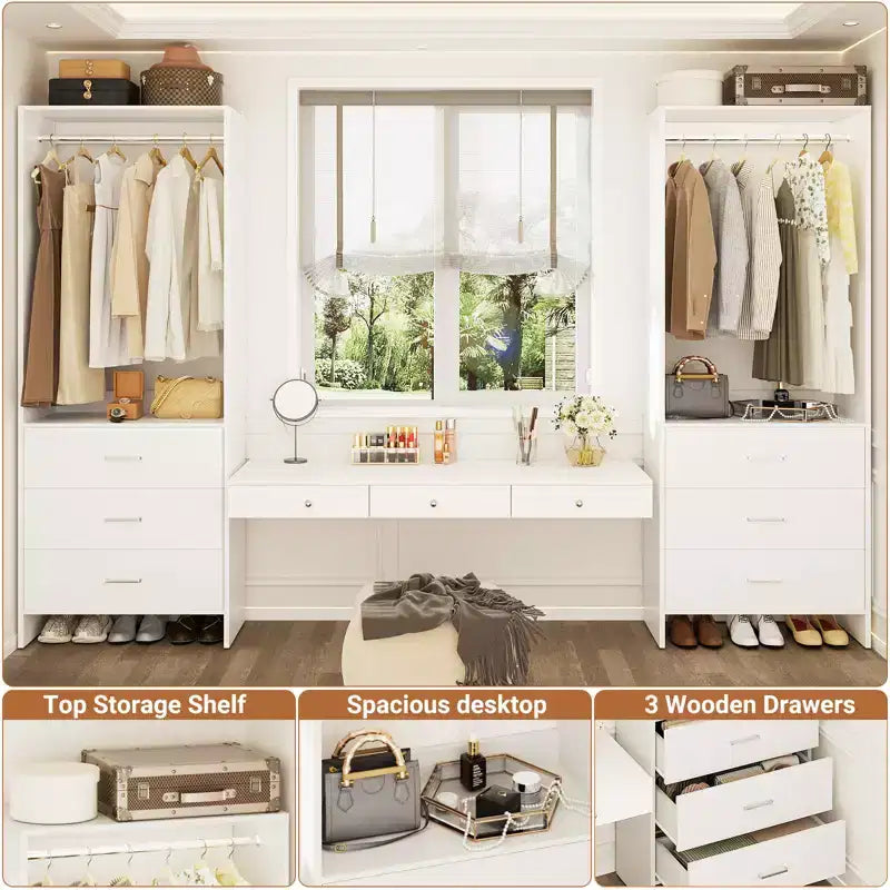 Système d'organisation de placard Besiost avec tiroirs en bois, armoire autoportante avec tringle à vêtements