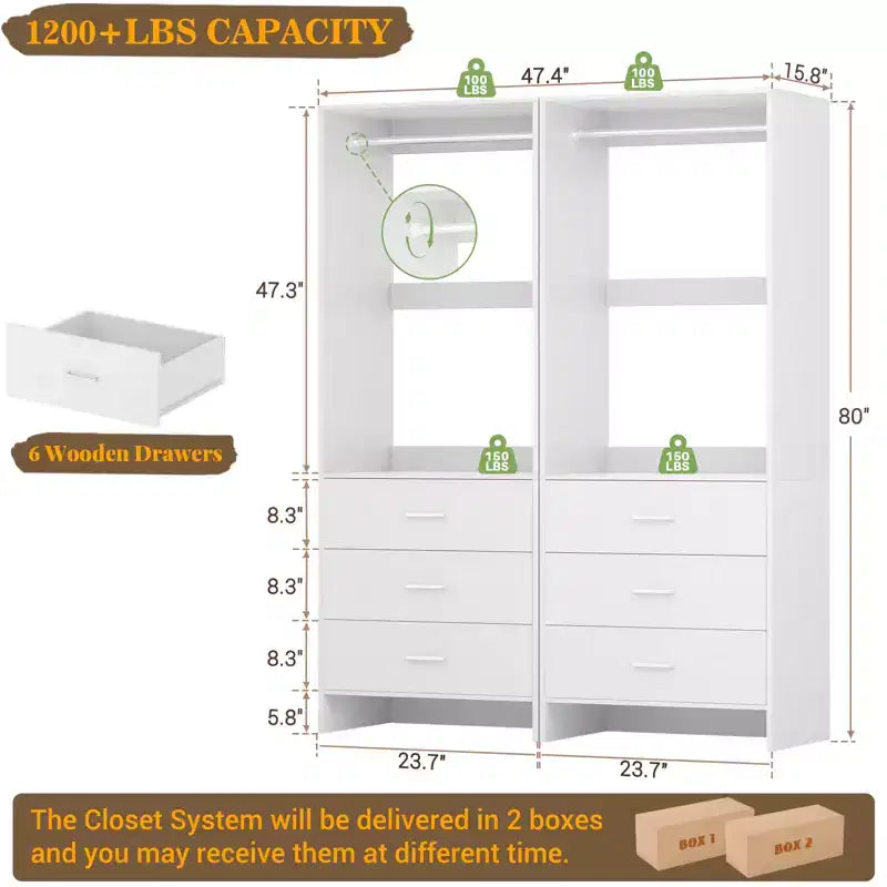 Système d'organisation de placard Besiost avec tiroirs en bois, armoire autoportante avec tringle à vêtements