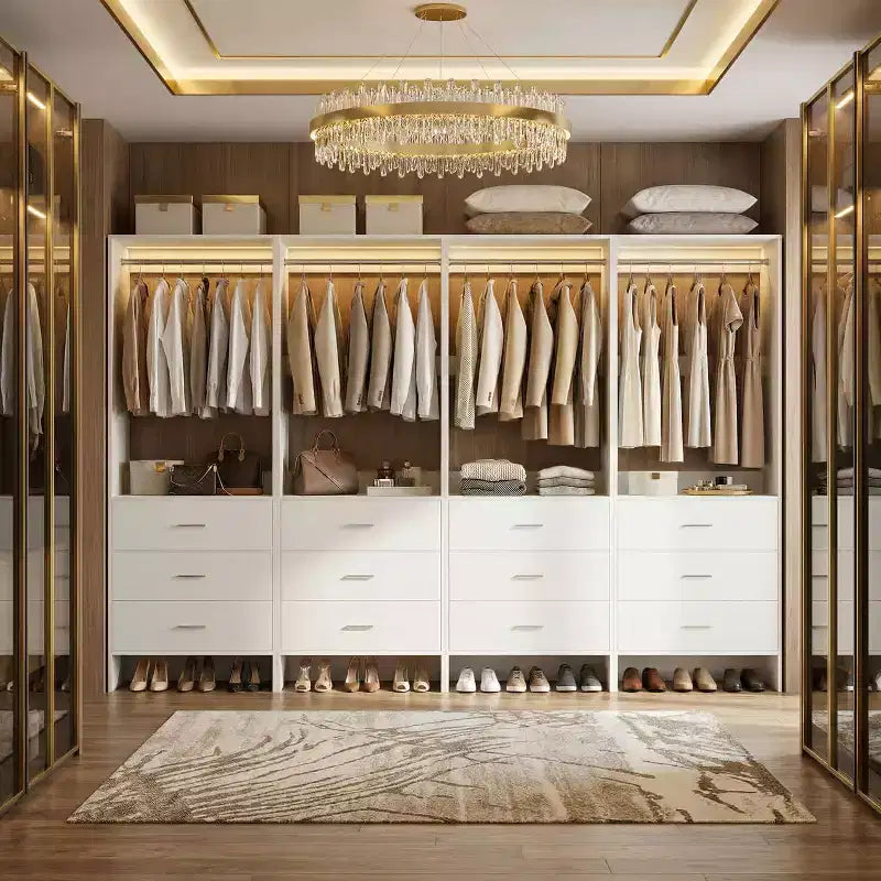 Système d'organisation de placard Besiost avec tiroirs en bois, armoire autoportante avec tringle à vêtements