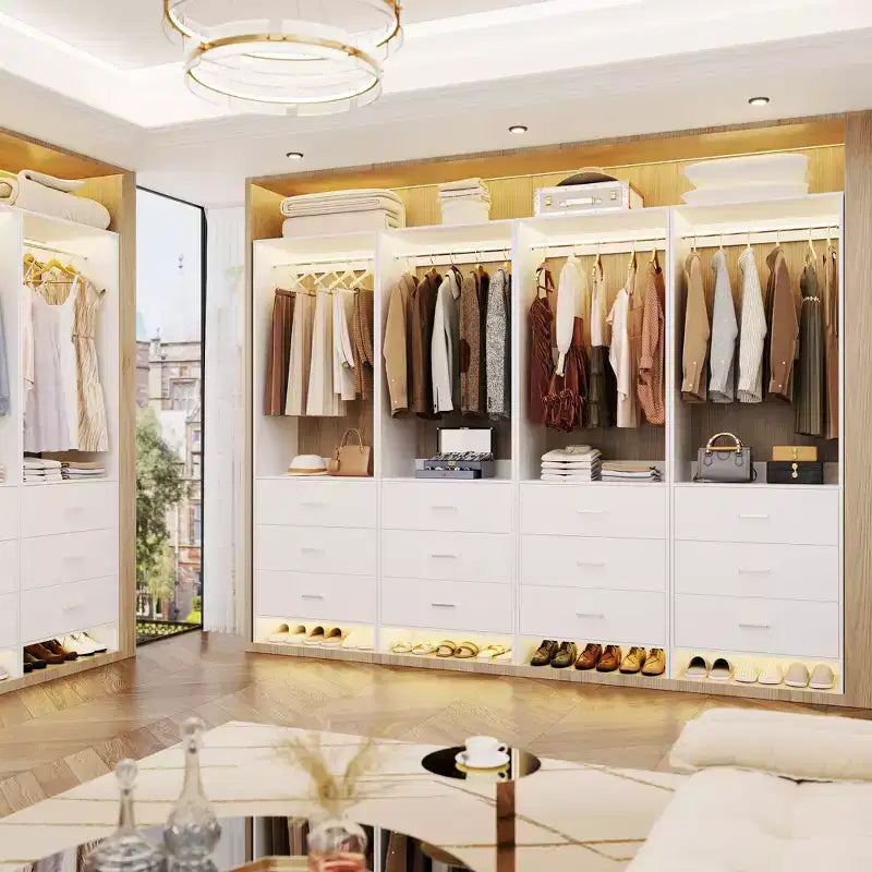 Système d'organisation de placard Besiost avec tiroirs en bois, armoire autoportante avec tringle à vêtements