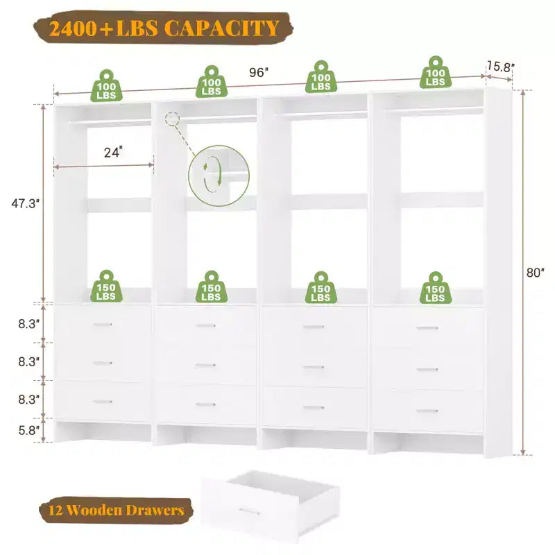 Système d'organisation de placard Besiost avec tiroirs en bois, armoire autoportante avec tringle à vêtements