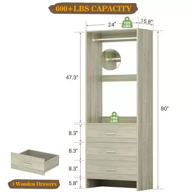 Système d'organisation de placard Besiost avec tiroirs en bois, armoire autoportante avec tringle à vêtements