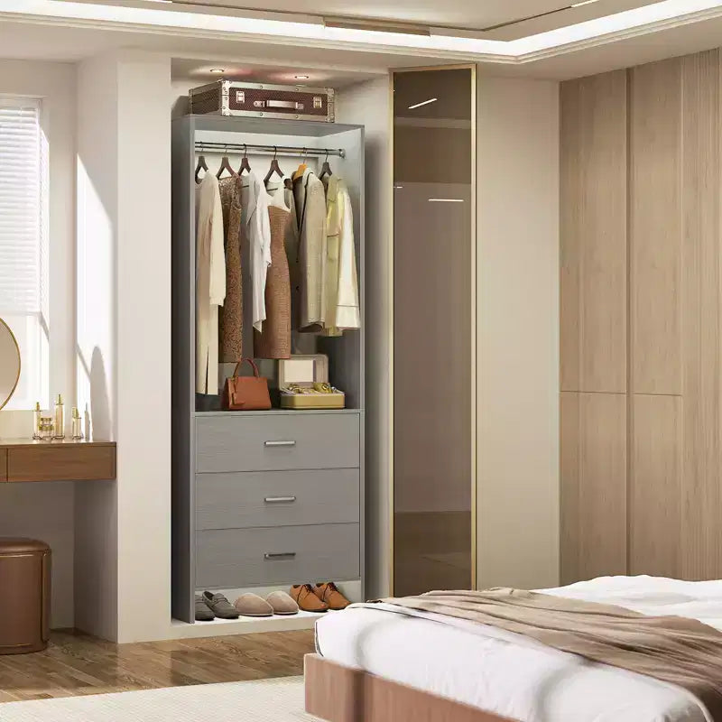 Système d'organisation de placard Besiost avec tiroirs en bois, armoire autoportante avec tringle à vêtements
