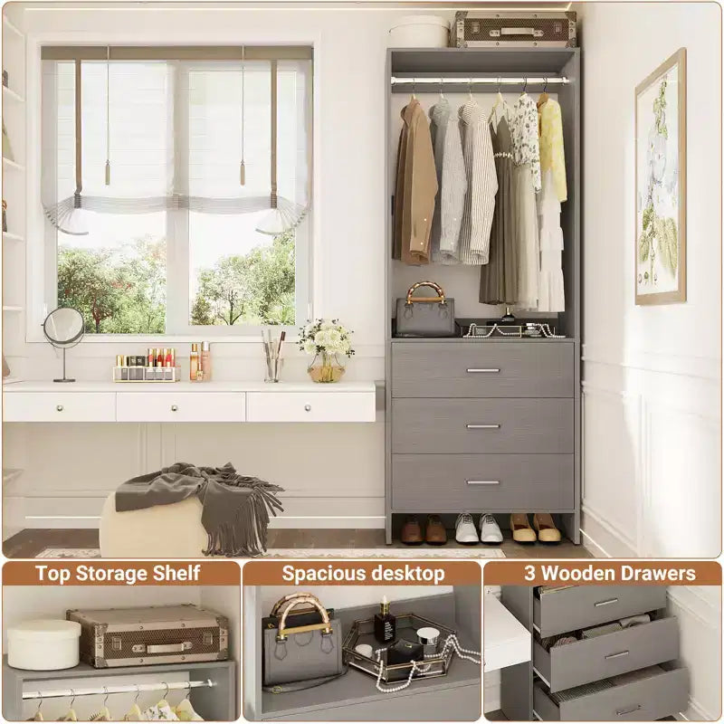 Système d'organisation de placard Besiost avec tiroirs en bois, armoire autoportante avec tringle à vêtements