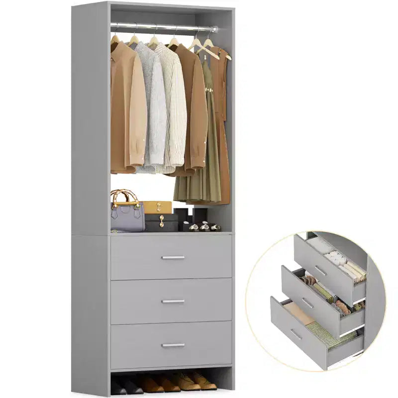 Système d'organisation de placard Besiost avec tiroirs en bois, armoire autoportante avec tringle à vêtements