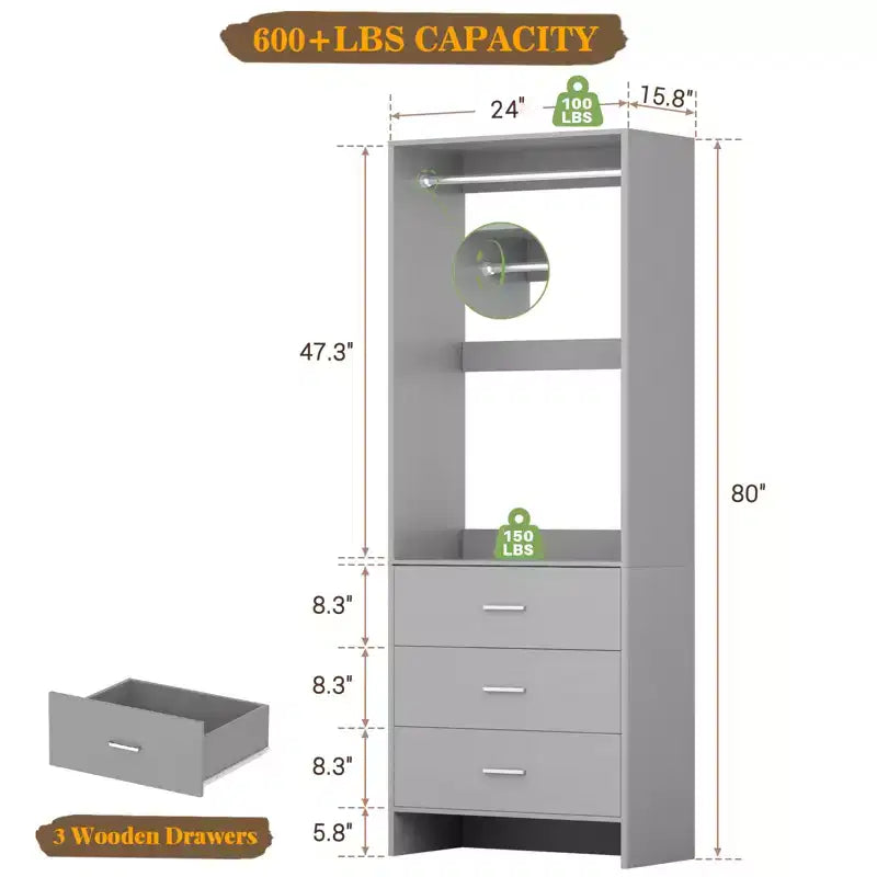 Système d'organisation de placard Besiost avec tiroirs en bois, armoire autoportante avec tringle à vêtements