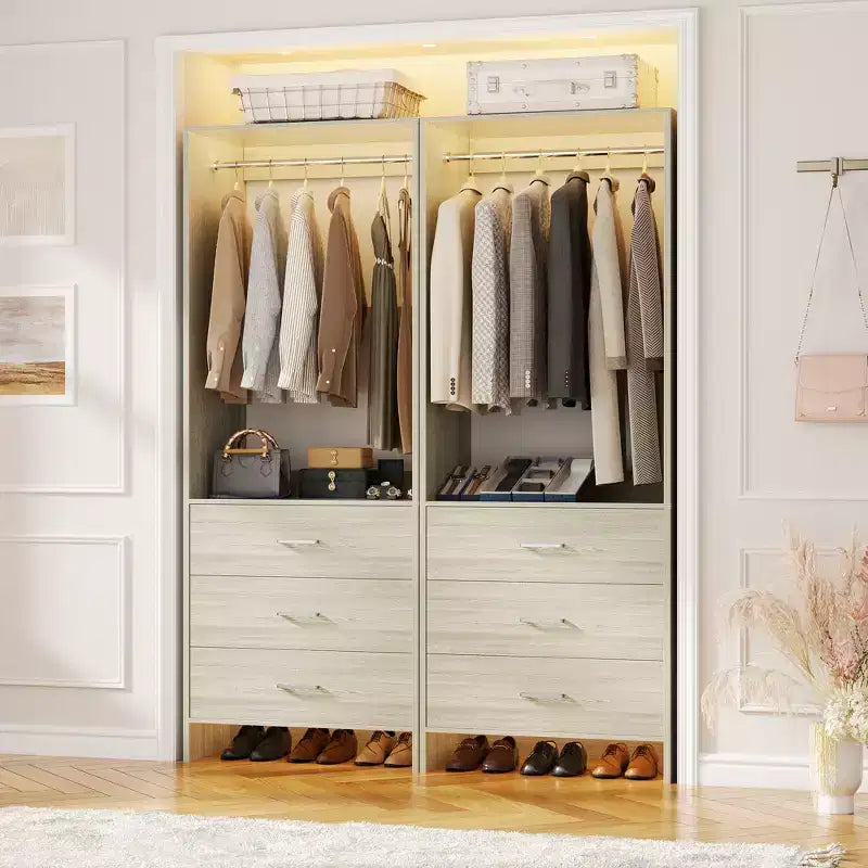 Système d'organisation de placard Besiost avec tiroirs en bois, armoire autoportante avec tringle à vêtements