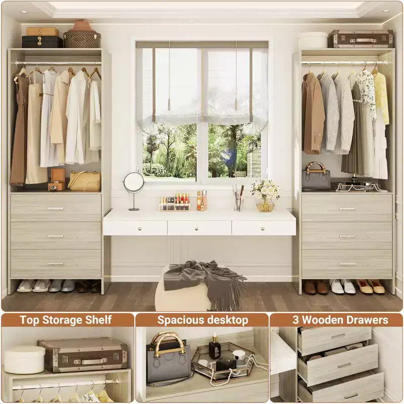 Système d'organisation de placard Besiost avec tiroirs en bois, armoire autoportante avec tringle à vêtements