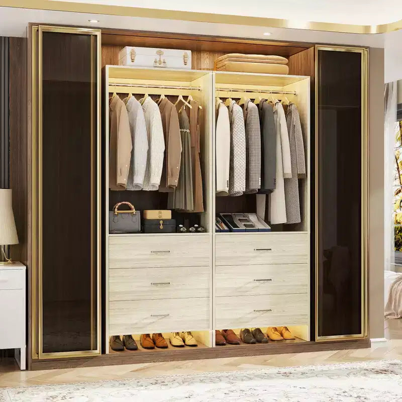 Système d'organisation de placard Besiost avec tiroirs en bois, armoire autoportante avec tringle à vêtements