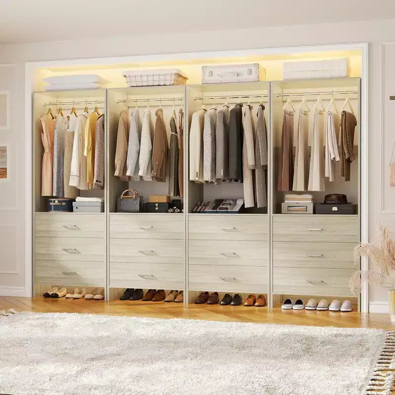 Système d'organisation de placard Besiost avec tiroirs en bois, armoire autoportante avec tringle à vêtements