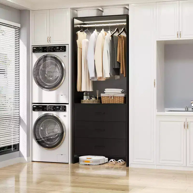 Système d'organisation de placard Besiost avec tiroirs en bois, armoire autoportante avec tringle à vêtements