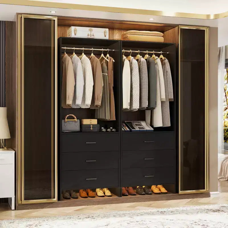 Système d'organisation de placard Besiost avec tiroirs en bois, armoire autoportante avec tringle à vêtements