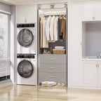 Système d'organisation de placard Besiost avec tiroirs en bois, armoire autoportante avec tringle à vêtements