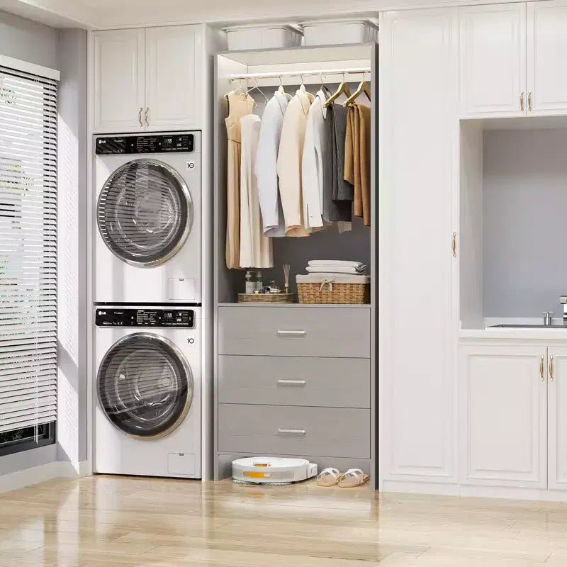 Système d'organisation de placard Besiost avec tiroirs en bois, armoire autoportante avec tringle à vêtements