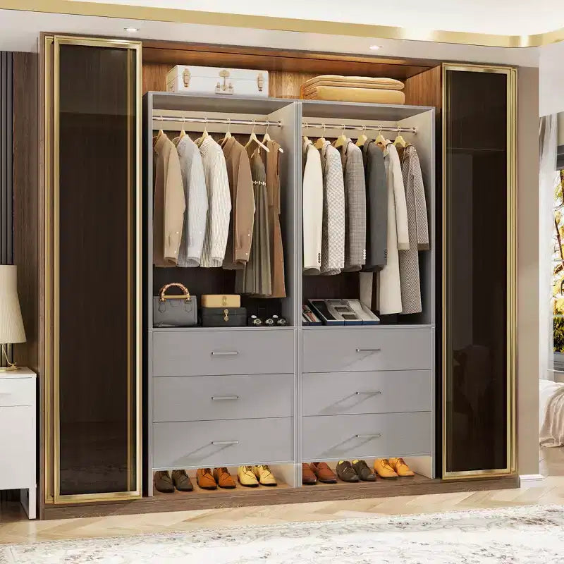 Système d'organisation de placard Besiost avec tiroirs en bois, armoire autoportante avec tringle à vêtements