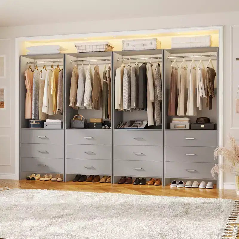 Système d'organisation de placard Besiost avec tiroirs en bois, armoire autoportante avec tringle à vêtements