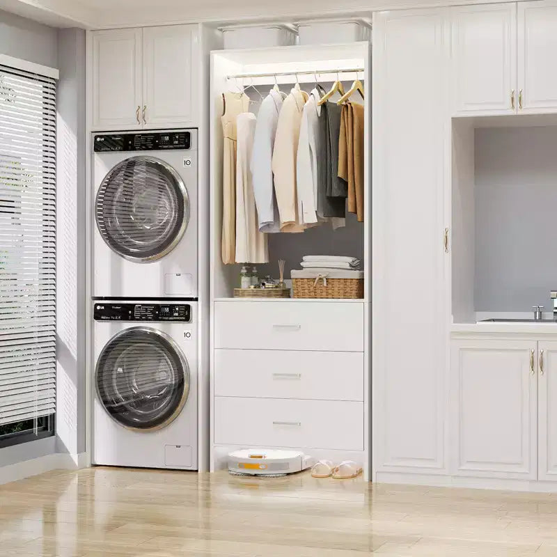 Système d'organisation de placard Besiost avec tiroirs en bois, armoire autoportante avec tringle à vêtements