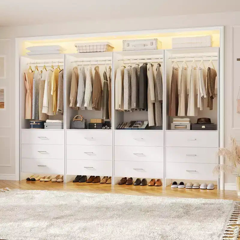Système d'organisation de placard Besiost avec tiroirs en bois, armoire autoportante avec tringle à vêtements
