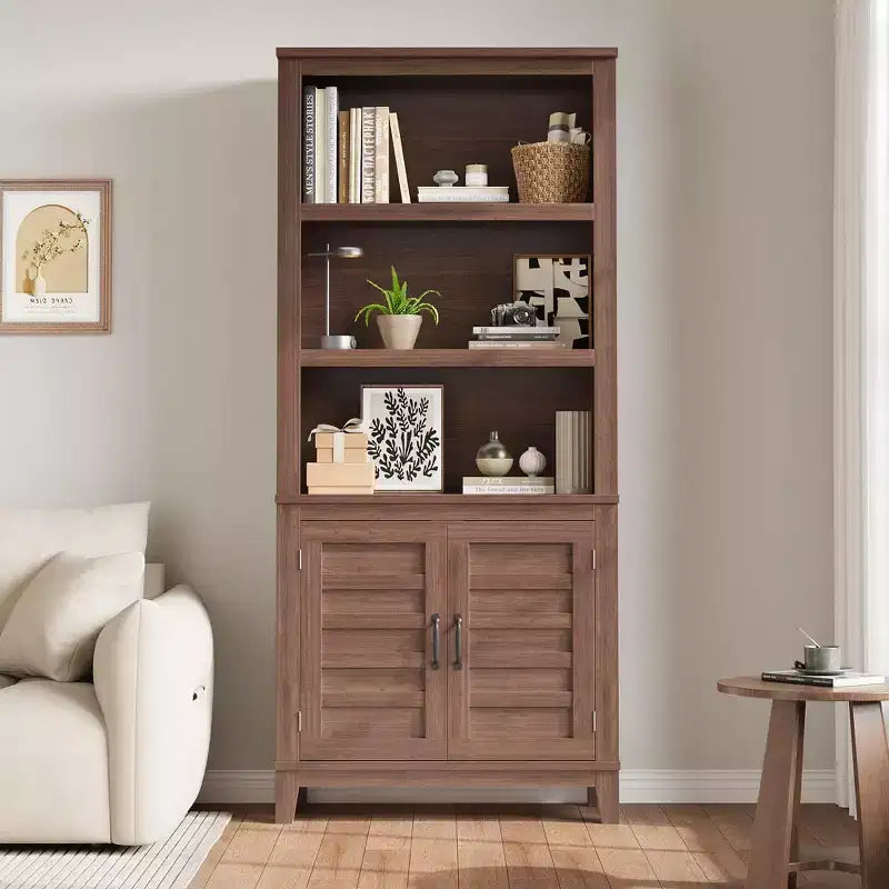 Étagère bibliothèque avec porte 5 niveaux, rangement en bois style ferme, rustique vintage, meuble en noyer pour bureau à domicile, salon, chambre à coucher