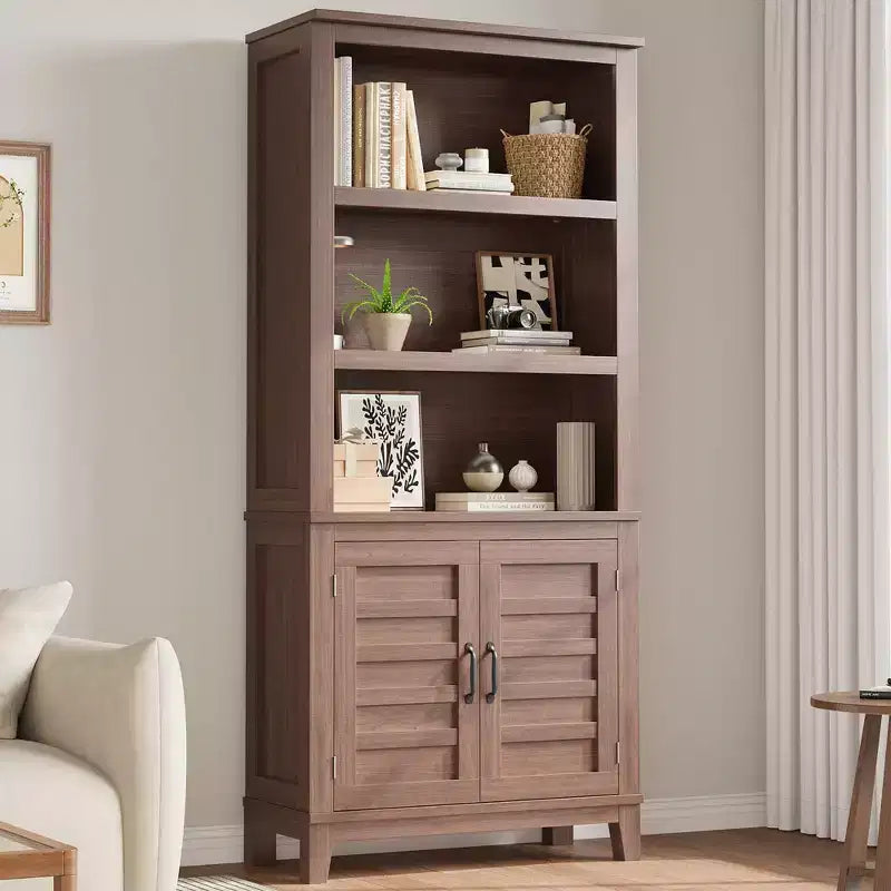 Étagère bibliothèque avec porte 5 niveaux, rangement en bois style ferme, rustique vintage, meuble en noyer pour bureau à domicile, salon, chambre à coucher