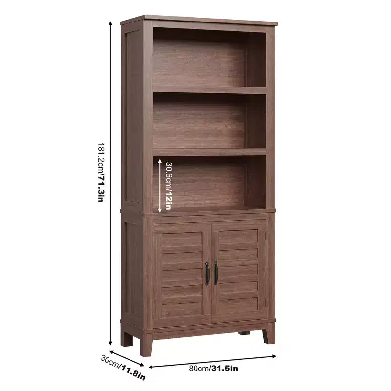 Étagère bibliothèque avec porte 5 niveaux, rangement en bois style ferme, rustique vintage, meuble en noyer pour bureau à domicile, salon, chambre à coucher