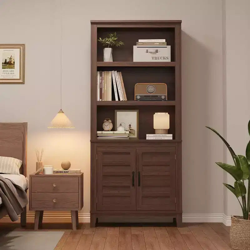 Étagère bibliothèque avec porte 5 niveaux, rangement en bois style ferme, rustique vintage, meuble en noyer pour bureau à domicile, salon, chambre à coucher