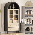 70 Tall Arched Storage Cabinet with Adjustable Shelves, Modern LED Lighted Wooden Pantry Cabinet with Tempered Glass Doors & 3 Drawers
