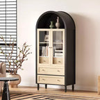 Meuble de rangement haut de 70 po avec étagères réglables, armoire de garde-manger moderne en bois avec lumières LED, portes en verre trempé et 3 tiroirs