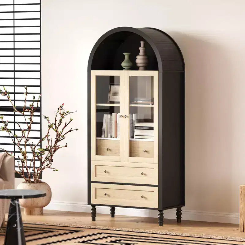 Meuble de rangement haut de 70 po avec étagères réglables, armoire de garde-manger moderne en bois avec lumières LED, portes en verre trempé et 3 tiroirs