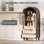 Meuble de rangement haut de 70 po avec étagères réglables, armoire de garde-manger moderne en bois avec lumières LED, portes en verre trempé et 3 tiroirs