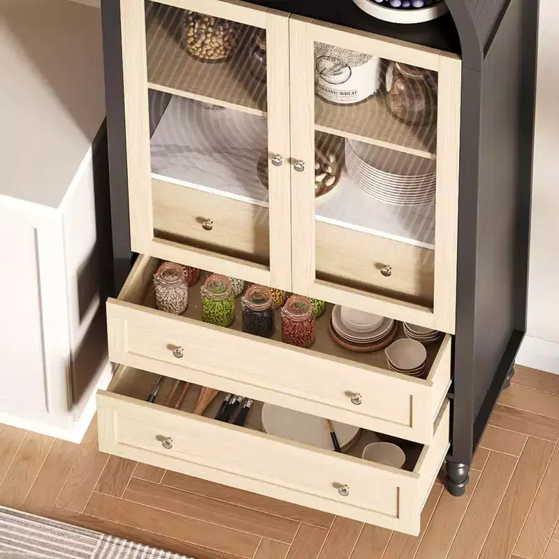 Meuble de rangement haut de 70 po avec étagères réglables, armoire de garde-manger moderne en bois avec lumières LED, portes en verre trempé et 3 tiroirs