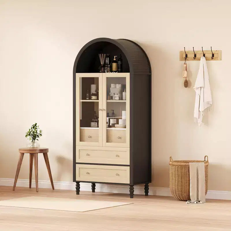 Meuble de rangement haut de 70 po avec étagères réglables, armoire de garde-manger moderne en bois avec lumières LED, portes en verre trempé et 3 tiroirs